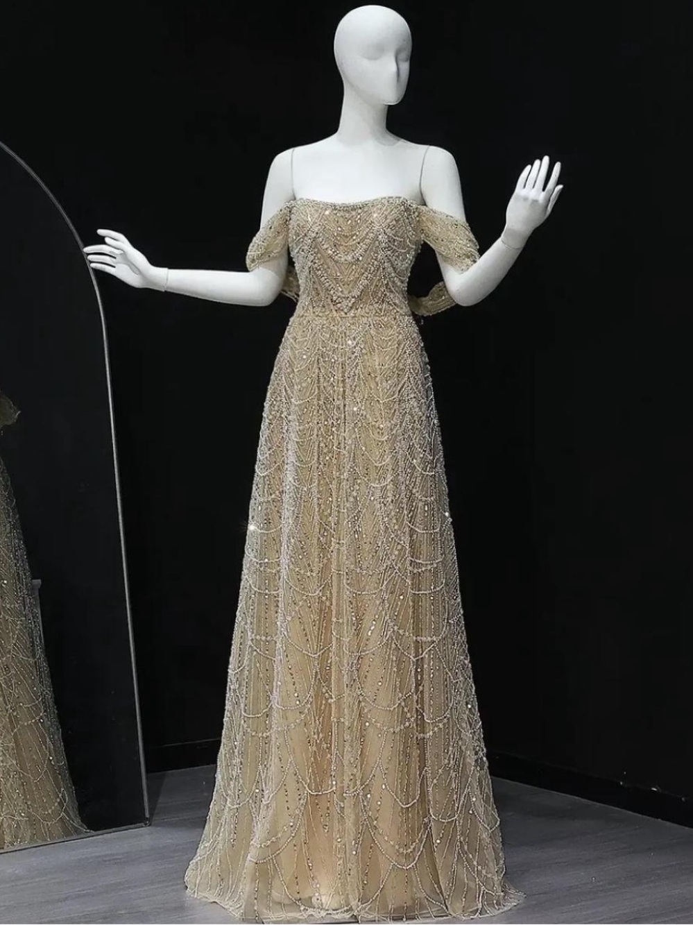 Beaded Off-Shoulder Gold Evening Gown